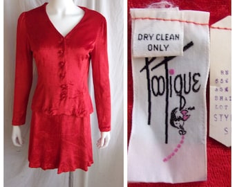 Vintage 1970s Dress Red Crushed Velvet Mini Skirt and Long Sleeve Top Set Medium