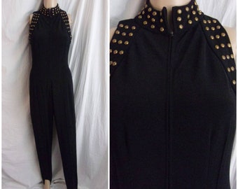 Vintage 1980s Jumpsuit Black with Gold Metal Studs Stirrup Legs Small