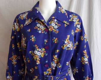 Vintage 1950s Floral Print Cotton Shirtwaist Dress - Size L