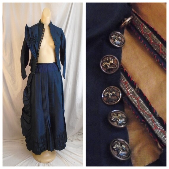 Vintage 1880s Dress Victorian Blue Silk Bustle Dre