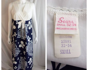 Vintage 1970s Maxi Dress Blue and White Butterfly Print Small