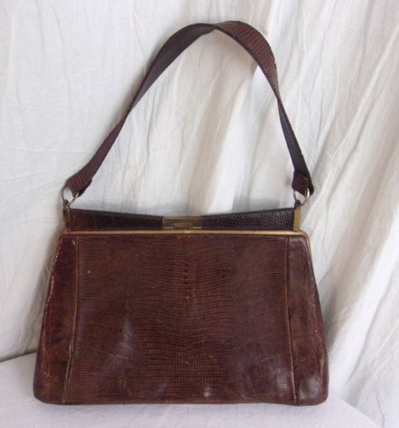 Vintage 1950s Purse Brown Lizard Kelly Bag MCM Ha… - image 3