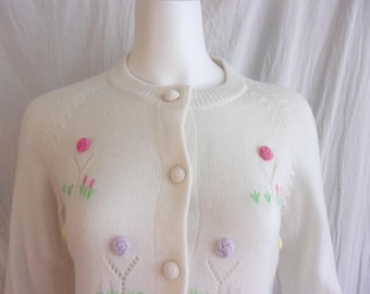 Vintage 1960s Sweater White with Multi color Rosettes M/L