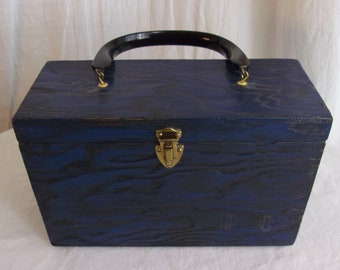 Vintage 1960s Blue Wooden Box Purse Lucite Handle