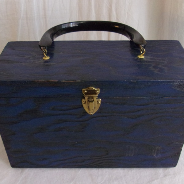 Vintage 1960s Blue Wooden Box Purse Lucite Handle