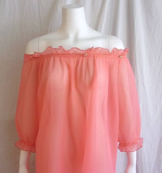 Vintage 1960s Nightgown Sheer Hot Orange with Ruf… - image 2
