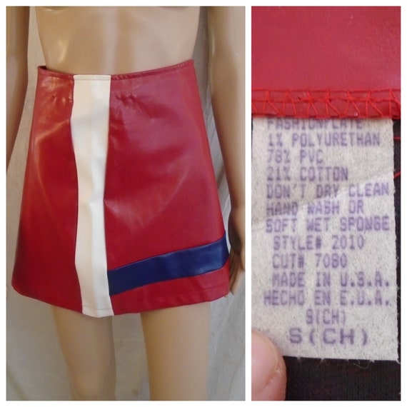 Vintage 1990s Skirt Red with Blue and White Vinyl… - image 1