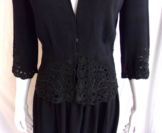 Vintage 1940s Dress Black Rayon Crepe with Eyelet… - image 7