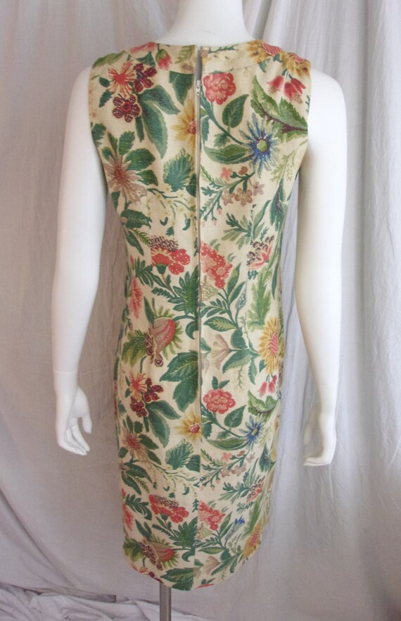 Vintage 1960s Dress Linen Floral Sheath Muted Sha… - image 6
