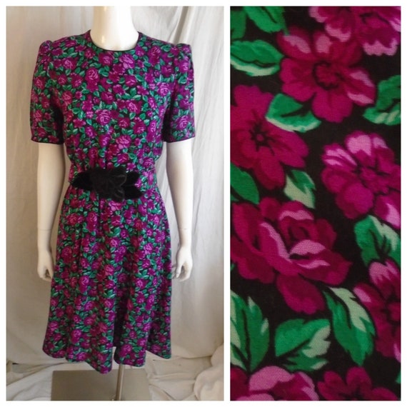 Vintage 1980s Dress Deep Pink and Green Day Dress… - image 1