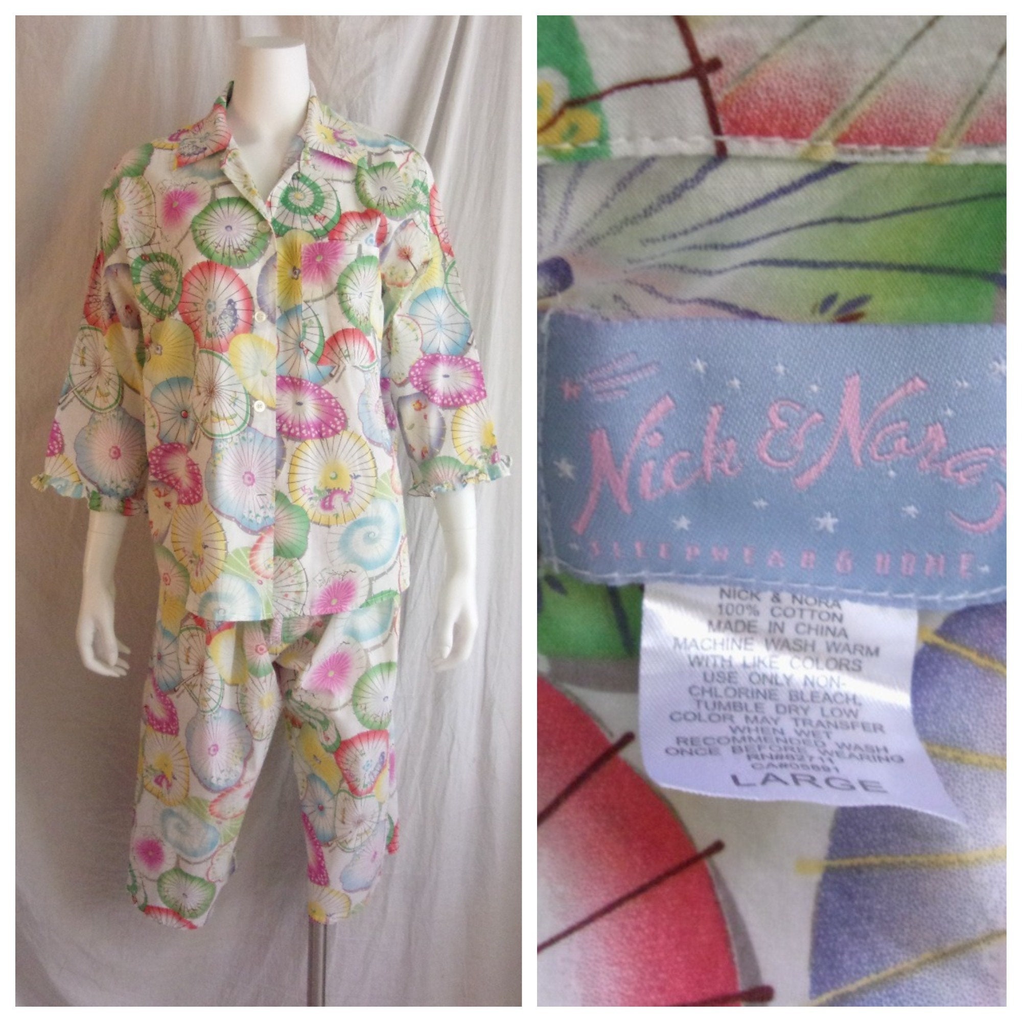 Vintage 1990s Pajamas Nick and Nora Cotton Asian Parasol Print