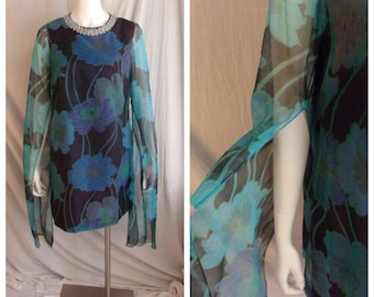 Vintage 1960s Dress Blue Floral Print Cocktail Dress Sheer Angel Sleeves Medium