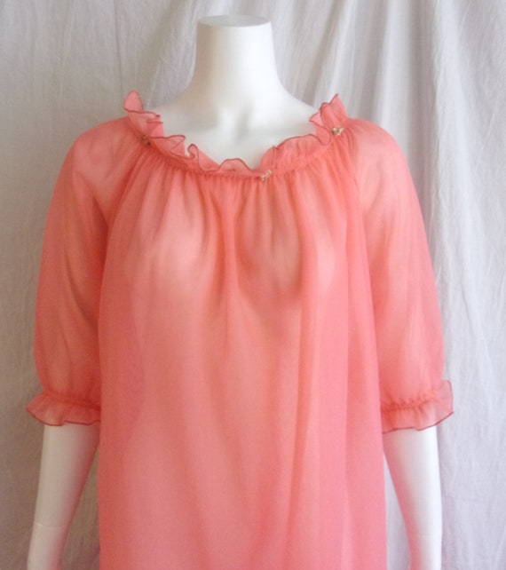 Vintage 1960s Nightgown Sheer Hot Orange with Ruf… - image 3