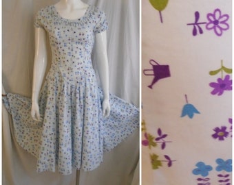 Vintage 1950s Dress Circle Skirt Gardening Novelty Print Cotton Fit and Flare Small