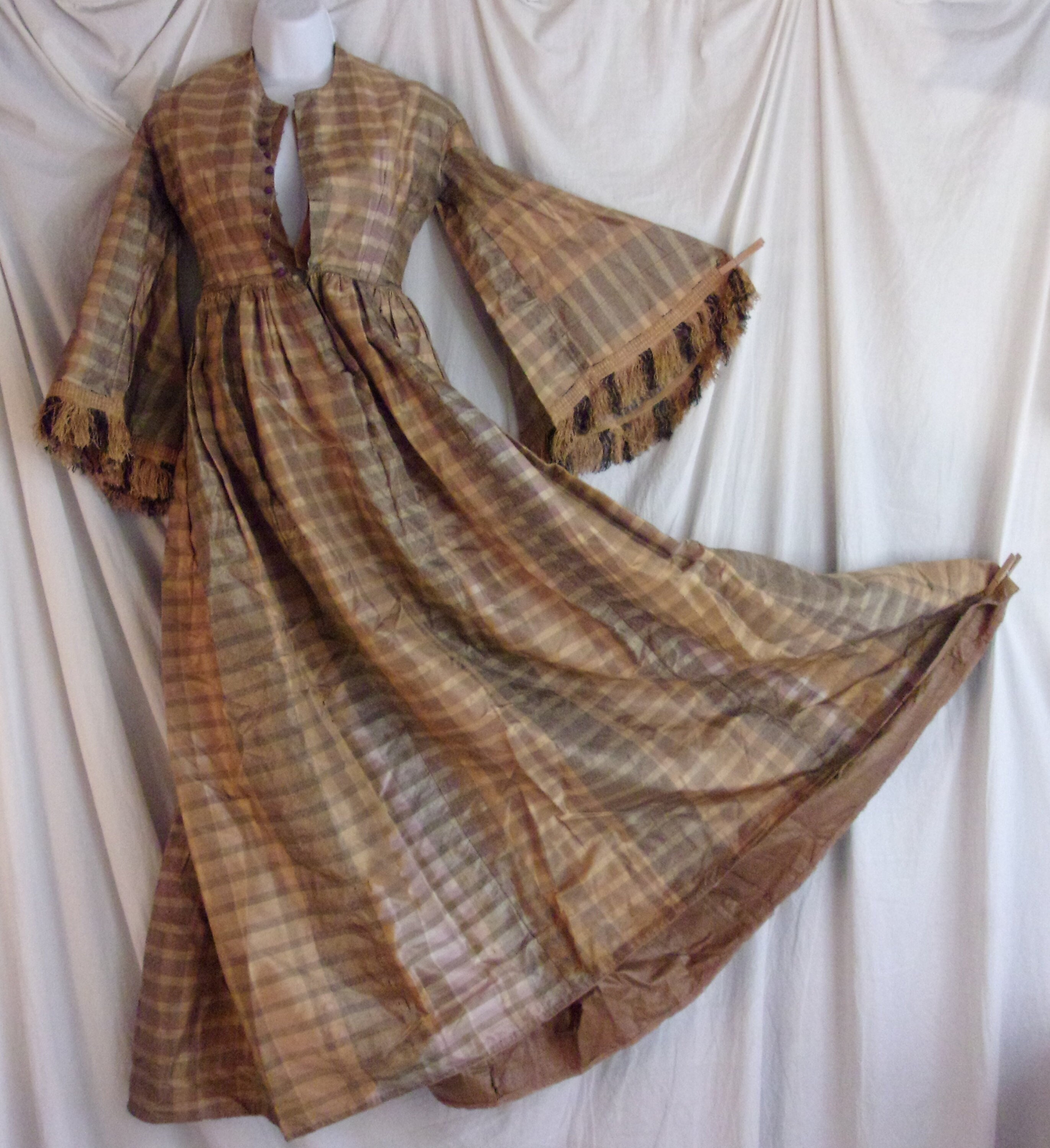Vintage 1850s Plaid Silk Dress Pre Civil War Era Antique Victorian 