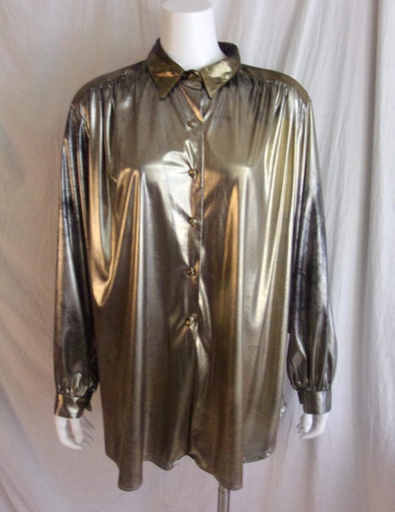 Vintage 1980s Shirt Oversized Metallic Distressed Blouse Tunic 2XL Plus Size