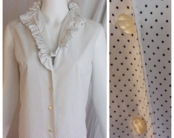 Vintage 1950s Blouse White with Black Tiny Polka Dot Ruffled Collar Sleeveless Small