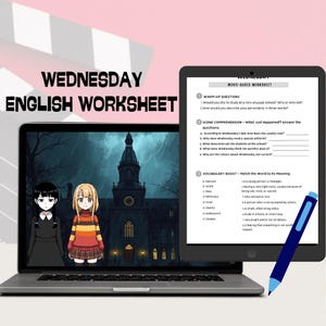 Peut inclure: Un ordinateur portable et une tablette affichant une "Fiche d'exercices d'anglais Wednesday". L'écran de l'ordinateur portable affiche des personnages de dessins animés et un bâtiment gothique. La tablette affiche des questions de la feuille de calcul. Un stylo bleu repose sur la tablette.
