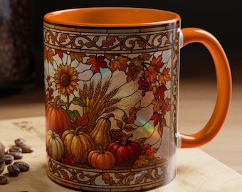 Taza con diseño de calabaza otoñal estilo vidriera, divertida taza de café de cerámica con temática de cosecha otoñal de 11 oz y 15 oz, regalo de decoración para el Día de Acción de Gracias, acogedora taza de arte otoñal.