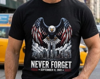 Camiseta "Nunca Olvidar el 11 de Septiembre de 2001", Camiseta Conmemorativa de las Torres Gemelas con Águila Calva, 25 Aniversario del 11-S, Día del Patriota, Homenaje a la Bandera de EE. UU.
