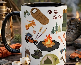 Taza divertida para acampar, taza de café para aventuras al aire libre, taza para fogata y senderismo, regalo para amantes de la naturaleza, taza de pesca para papá, idea de regalo para campistas.