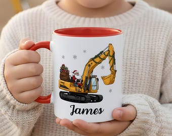 Taza navideña personalizada de Papá Noel conduciendo una excavadora, taza de chocolate caliente para niños, regalo de Navidad de excavadora, nombre personalizado para niños o hombres