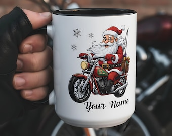 Taza navideña personalizada, taza de café con Papá Noel en moto, taza navideña con nombre personalizado, regalo divertido de Papá Noel motero para él, papá o amigo