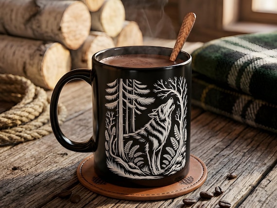 Wolf Linoprint Forest Mug, Linocut Style Wolf Coffee Mug, Forestcore Animal Gift, Hiker Nature Lover, Camping Cup, Wolf Gift