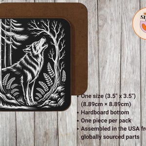 May include: Square black coaster with a white illustration of a howling wolf in a forest scene. The coaster is 3.5" x 3.5" and has a hardboard bottom. The brand logo "sipjoy" is in the upper right corner.