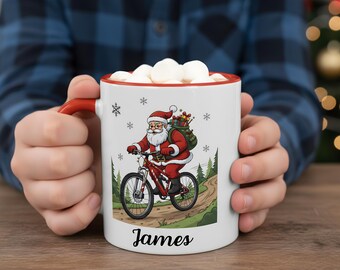 Taza navideña personalizada, taza de café con Papá Noel en bicicleta, tazas navideñas con nombre personalizado, divertido regalo de Papá Noel en bicicleta para él, papá o amigo.
