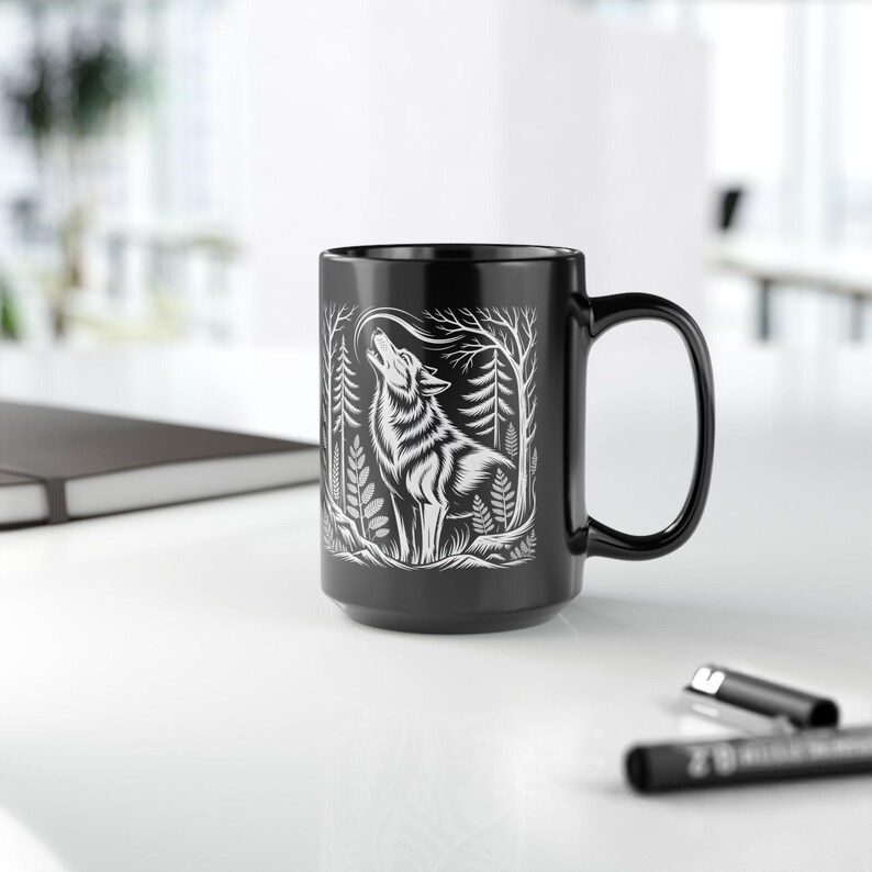 Wolf Linoprint Forest Mug, Linocut Style Wolf Coffee Mug, Forestcore Animal Gift, Hiker Nature Lover, Camping Cup, Wolf Gift image 7