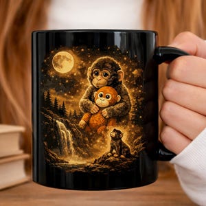 May include: Black ceramic mug featuring a whimsical illustration of three monkeys in a nighttime forest scene. The design includes a full moon, waterfall, and starry sky, with warm golden tones.