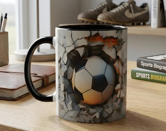 Regalos deportivos divertidos para hijo/a: taza de jugador, taza de café con balón de fútbol rompiendo una pared, regalo deportivo de fútbol para el Día del Padre.