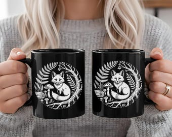Taza con estampado de zorro en el bosque, taza de café con zorro en linograbado, taza con diseño de animales estilo cottagecore, regalo estilo forestcore, regalo para amantes de los zorros del bosque, taza con estética natural.