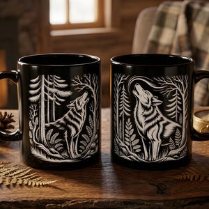 Wolf Linoprint Forest Mug, Linocut Style Wolf Coffee Mug, Forestcore Animal Gift, Hiker Nature Lover, Camping Cup, Wolf Gift image 2
