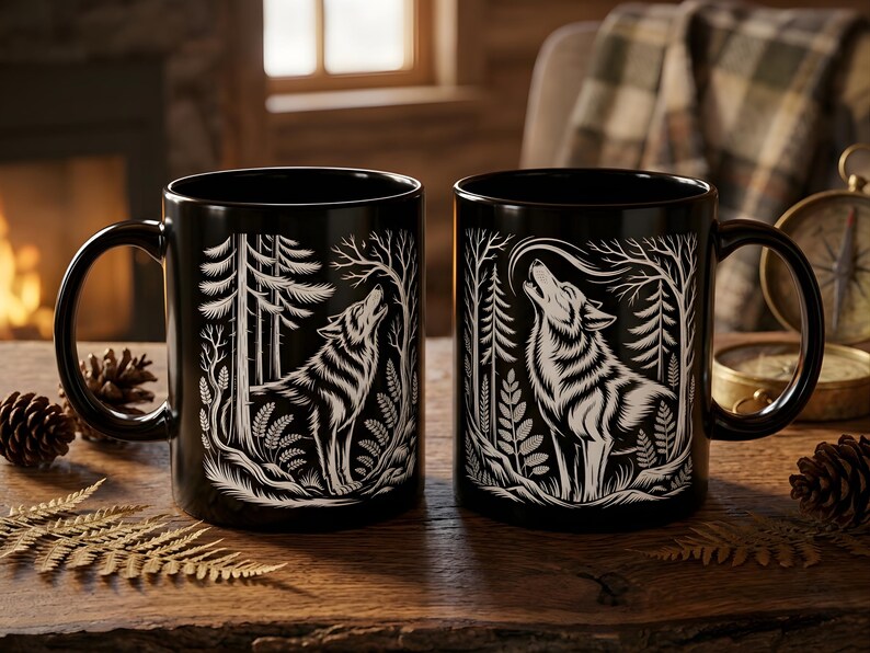 Wolf Linoprint Forest Mug, Linocut Style Wolf Coffee Mug, Forestcore Animal Gift, Hiker Nature Lover, Camping Cup, Wolf Gift image 2