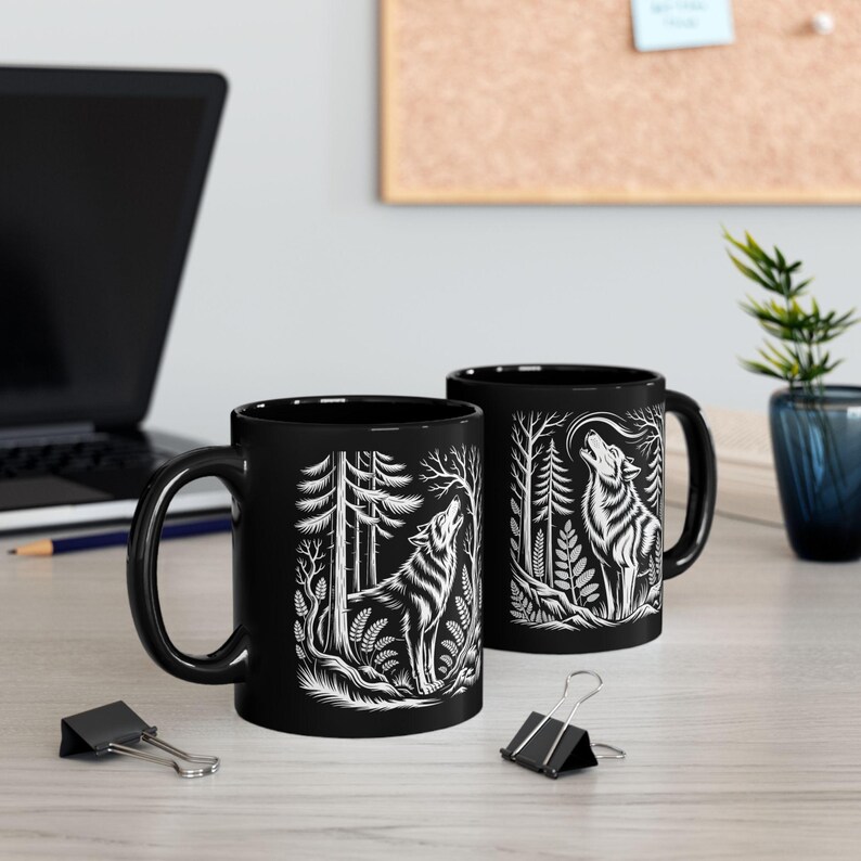 Wolf Linoprint Forest Mug, Linocut Style Wolf Coffee Mug, Forestcore Animal Gift, Hiker Nature Lover, Camping Cup, Wolf Gift image 5