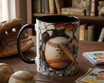 Taza de béisbol 3D con diseño de muro rompiéndose, regalo para jugador de béisbol, taza de café deportiva, taza con diseño de bate y pelota de béisbol, regalo para niño, hijo o hija atleta, regalo para aficionado al béisbol