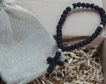 33 Knot Prayer Rope - Handmade Black Orthodox Eastern Catholic Chotki with Silver Separators