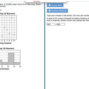 May include: A screenshot showing a maths problem with graphs and text. The text describes a 10,000-metre race and data on the top 10 runners' ages and times. A probability question is also present.
