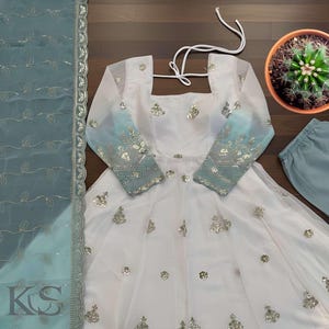 May include: A white and light blue embroidered dress with matching pants and a sheer scarf. The dress features long sleeves with light blue accents and intricate silver embroidery. A small cactus in a terracotta pot is visible.