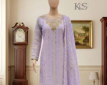 Pakistani Lavender Salwar kameez Pakistani suit 3pc set Ready made Salwar Suit Punjabi dress Indian Straight kurta Palazzo Partywear suit.