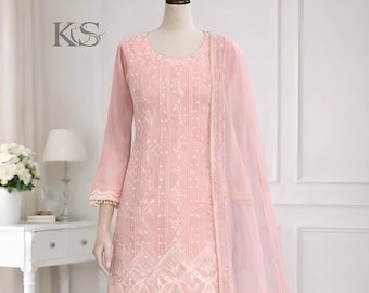 Designerski strój imprezowy w kolorze różowym Salwar Kameez z dupattą dla kobiet, pakistański garnitur sharara, top-palazzo, pakistańskie garnitury, indyjski garnitur etniczny.