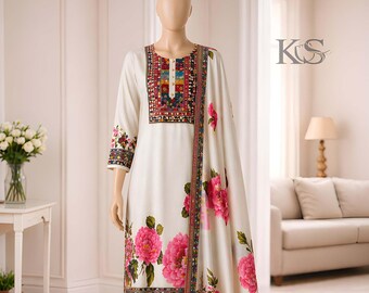 Designer White Flower Printed Palazzo Suit Salwar Kameez with Dupatta Set, Punjabi Wedding Dress Sharara for Women, Stylish Pakistani Suit.