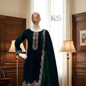 Traje salwar kameez verde de terciopelo pesado bordado con lentejuelas para mujer, con dupatta, traje de terciopelo para invierno, palazzo para bodas.