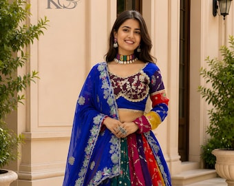 Premium Multi Color Gujarati Garba Chaniya Choli, Ready to Wear Lehenga, Mirror Work Embroidered Lehenga with Yellow Dupatta.