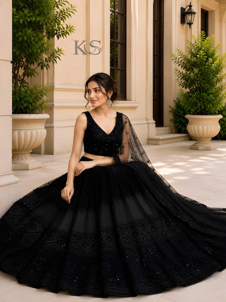 New Black Lehenga Choli Real Mirror Work Heavy Sequence Work Lehenga choli Garba Dress Chaniya Choli Ghagra choli Ready to Wear lehenga. image 4
