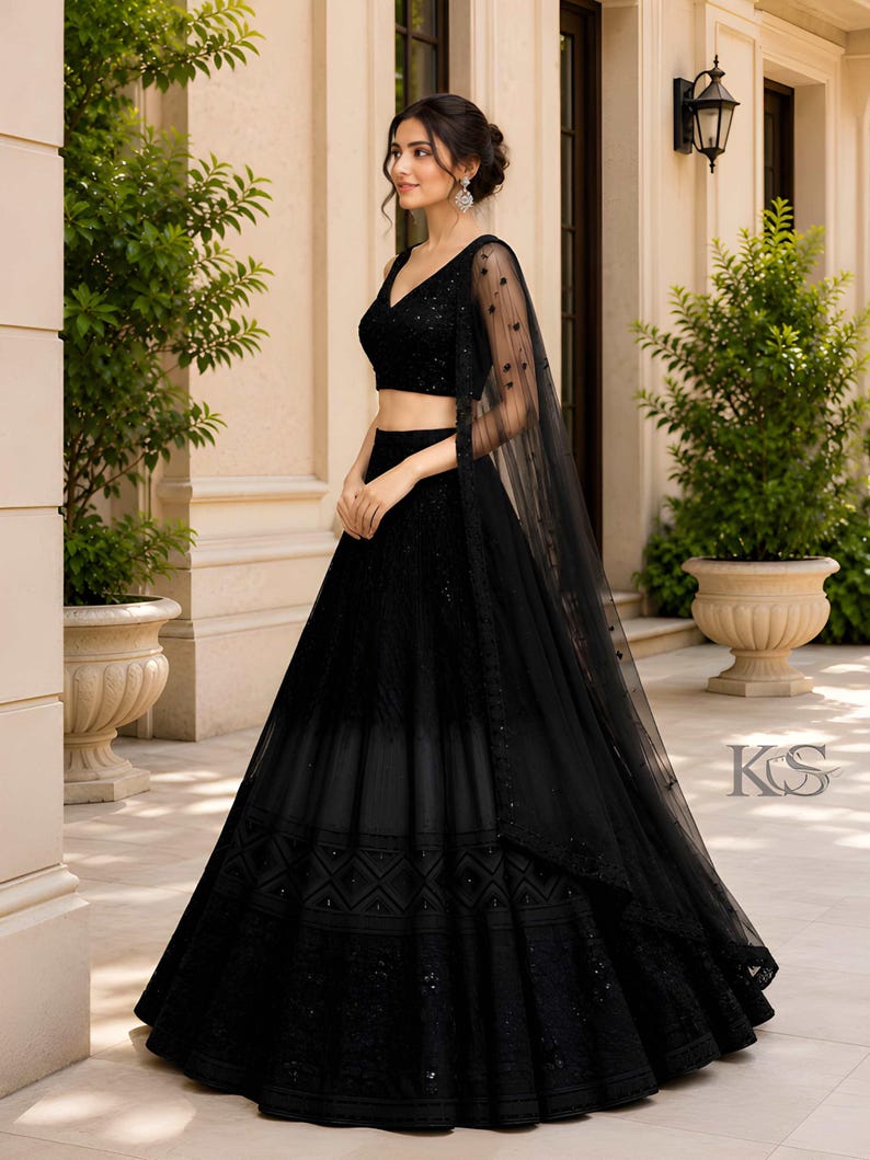 New Black Lehenga Choli Real Mirror Work Heavy Sequence Work Lehenga choli Garba Dress Chaniya Choli Ghagra choli Ready to Wear lehenga. image 2