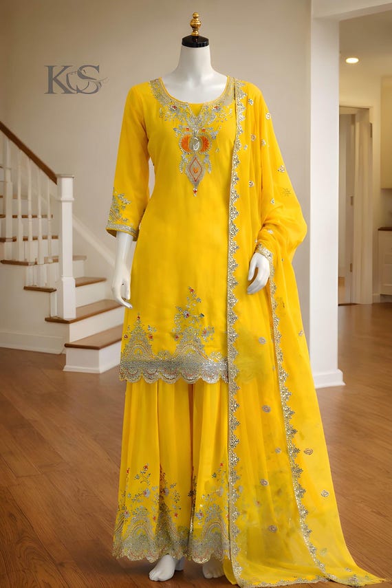 Pakistani Party Wear Yellow Salwar Kameez with Dupatta for Women, Sharara Suit, Pakistani Suits, Top-Palazzo, Indian Ethnic Suit.