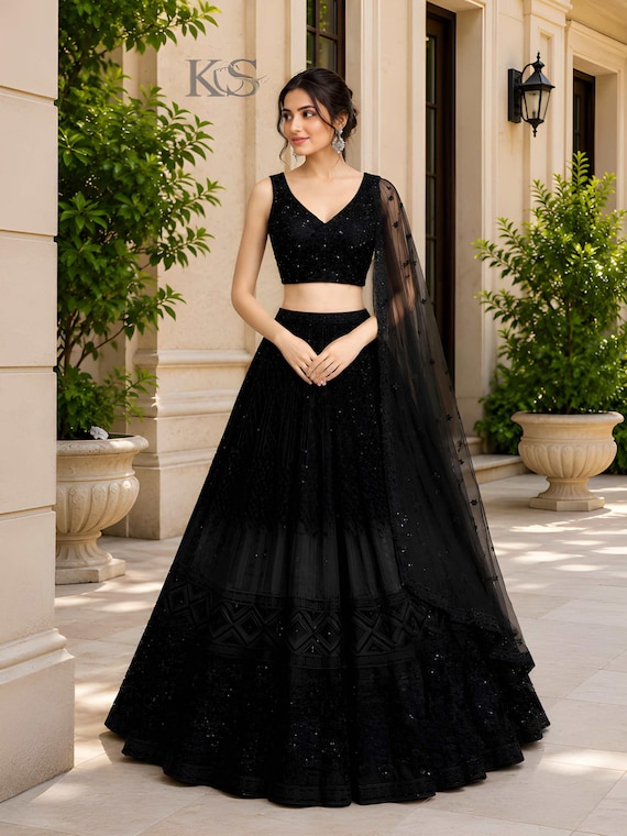 New Black Lehenga Choli Real Mirror Work Heavy Sequence Work Lehenga choli Garba Dress Chaniya Choli Ghagra choli Ready to Wear lehenga.